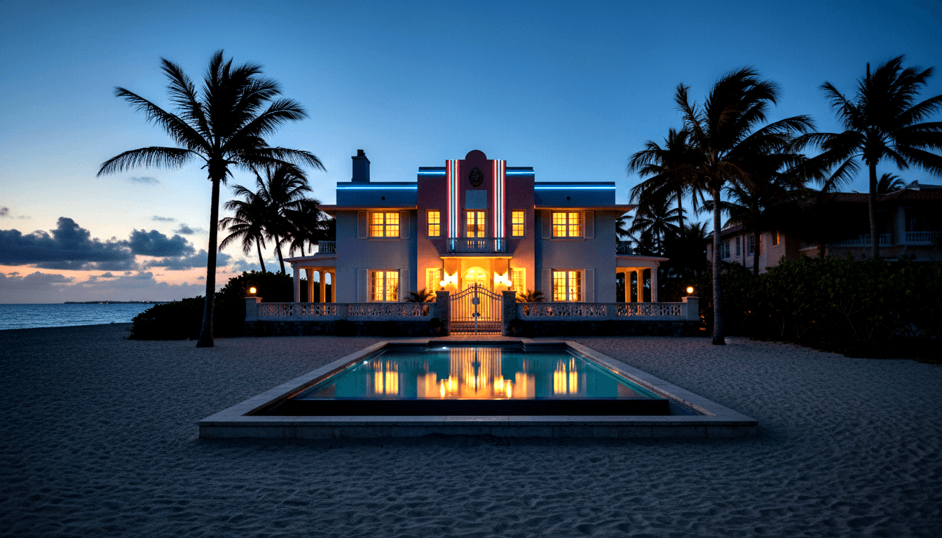 Art Deco beachfront mansion at dusk, cream-pink exterior, red-white-blue neon stripe, amber-lit windows, foreground pool.