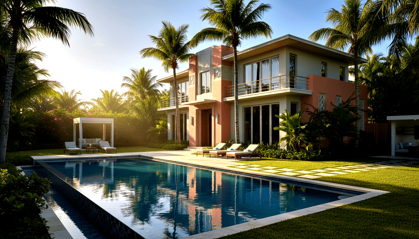 Two-story terracotta-salmon villa beyond a rectangular turquoise lap pool with wooden lounge chairs, white pergola, and tall palms.