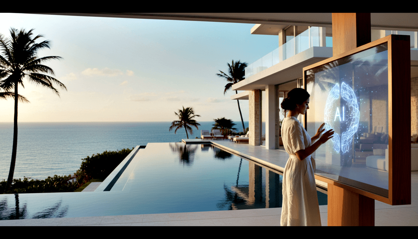 Woman in cream dress gestures toward transparent panel showing circuit-brain and 'AI' text; infinity pool and ocean behind her.