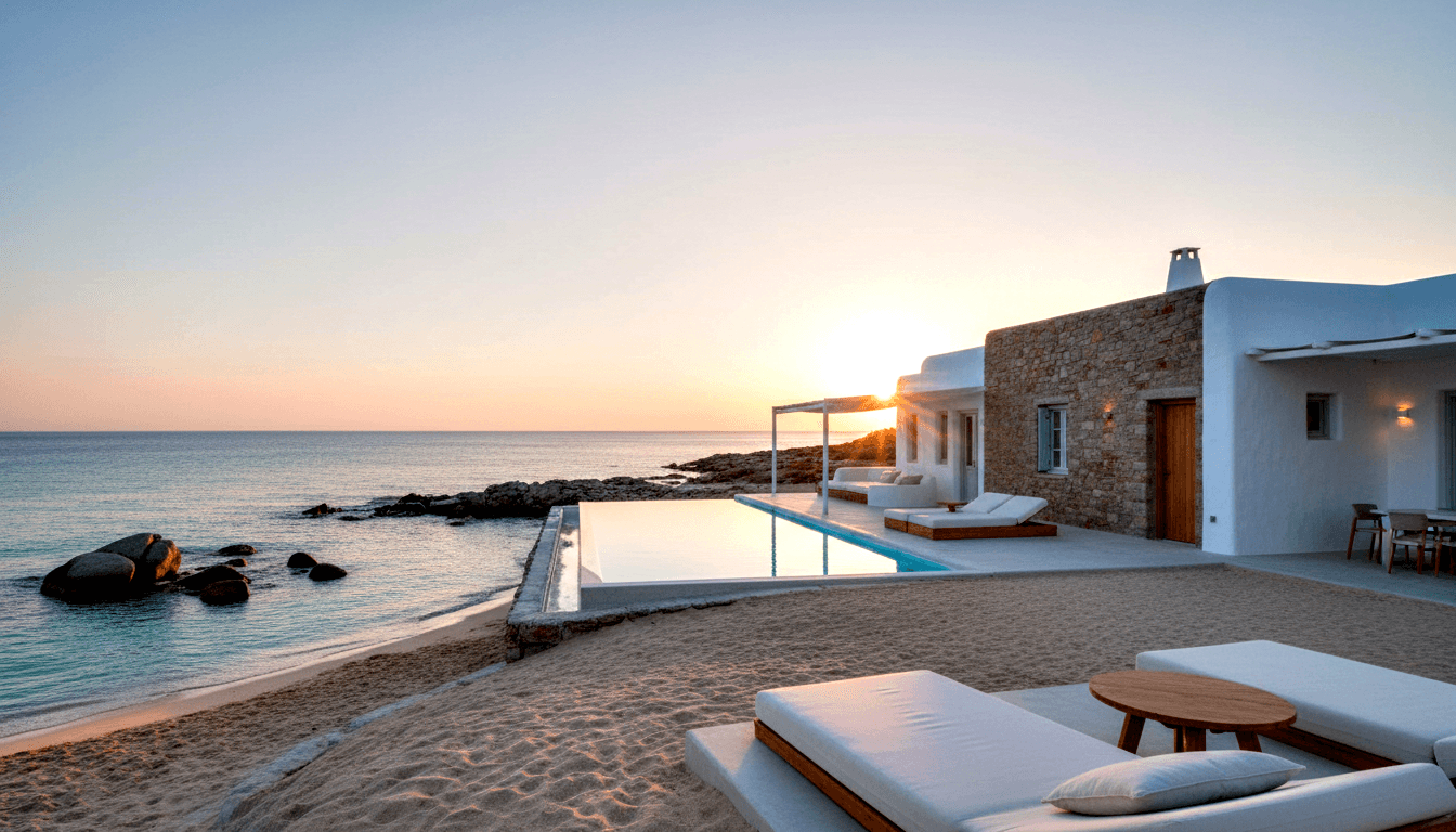White-walled coastal villa with stone cladding; infinity pool facing calm sea at sunset, sun loungers on sandy foreground.
