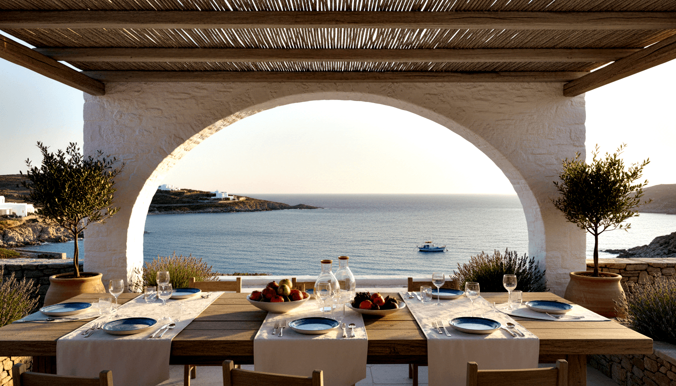 Dining table set for 6–8 under whitewashed stone arch, deep blue ceramic plates and wine glasses, bay with rocky coastline beyond.