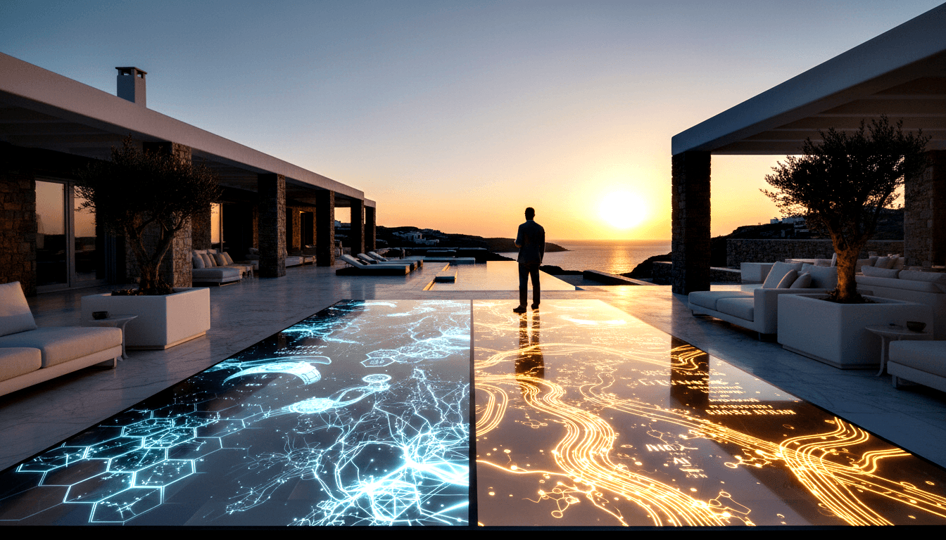 Silhouetted figure in formal attire on a villa terrace facing a golden sea sunset, with cyan and amber holographic grid patterns on the floor.