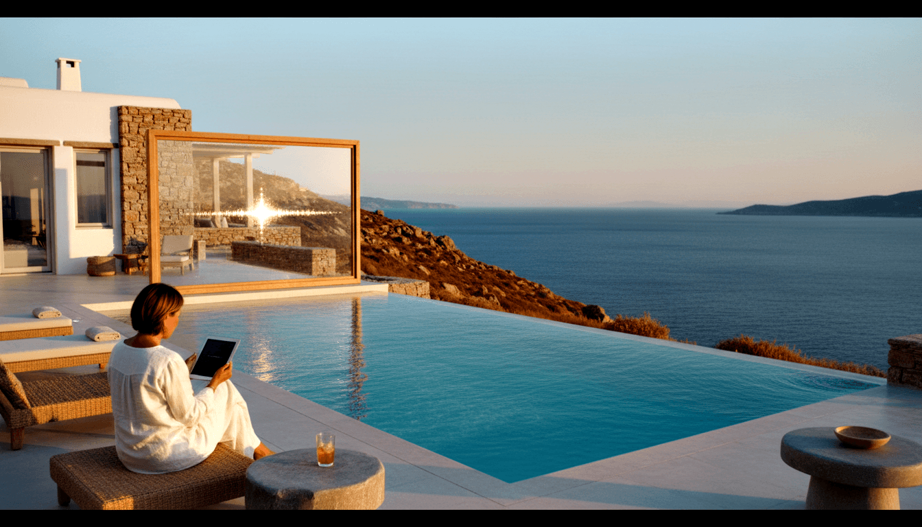 Person in white linen on wicker ottoman at infinity pool edge, holding tablet, facing turquoise sea with rocky headlands and islands.