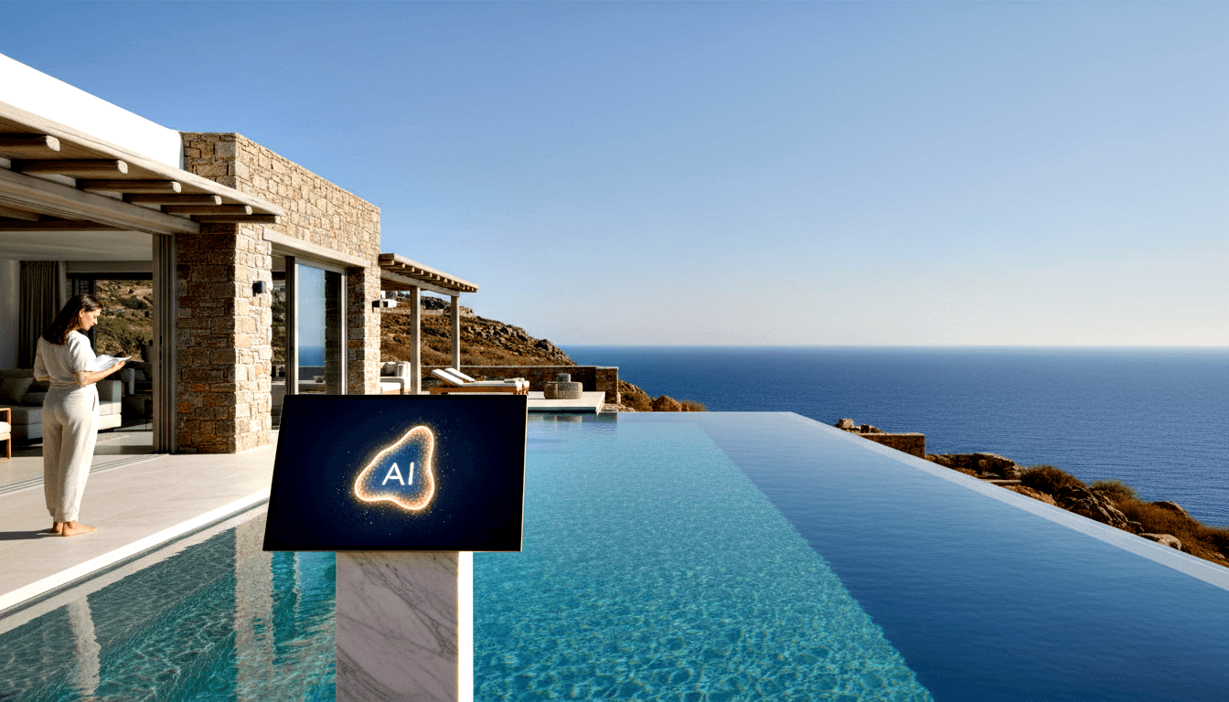 Barefoot woman in cream linen views device by marble pedestal with amber AI screen; infinity pool stretches to deep-blue sea.