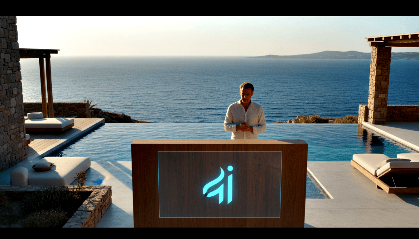 Man in white linen shirt at glowing cyan logo podium on stone terrace; infinity pool merges with deep-blue sea and distant hills.