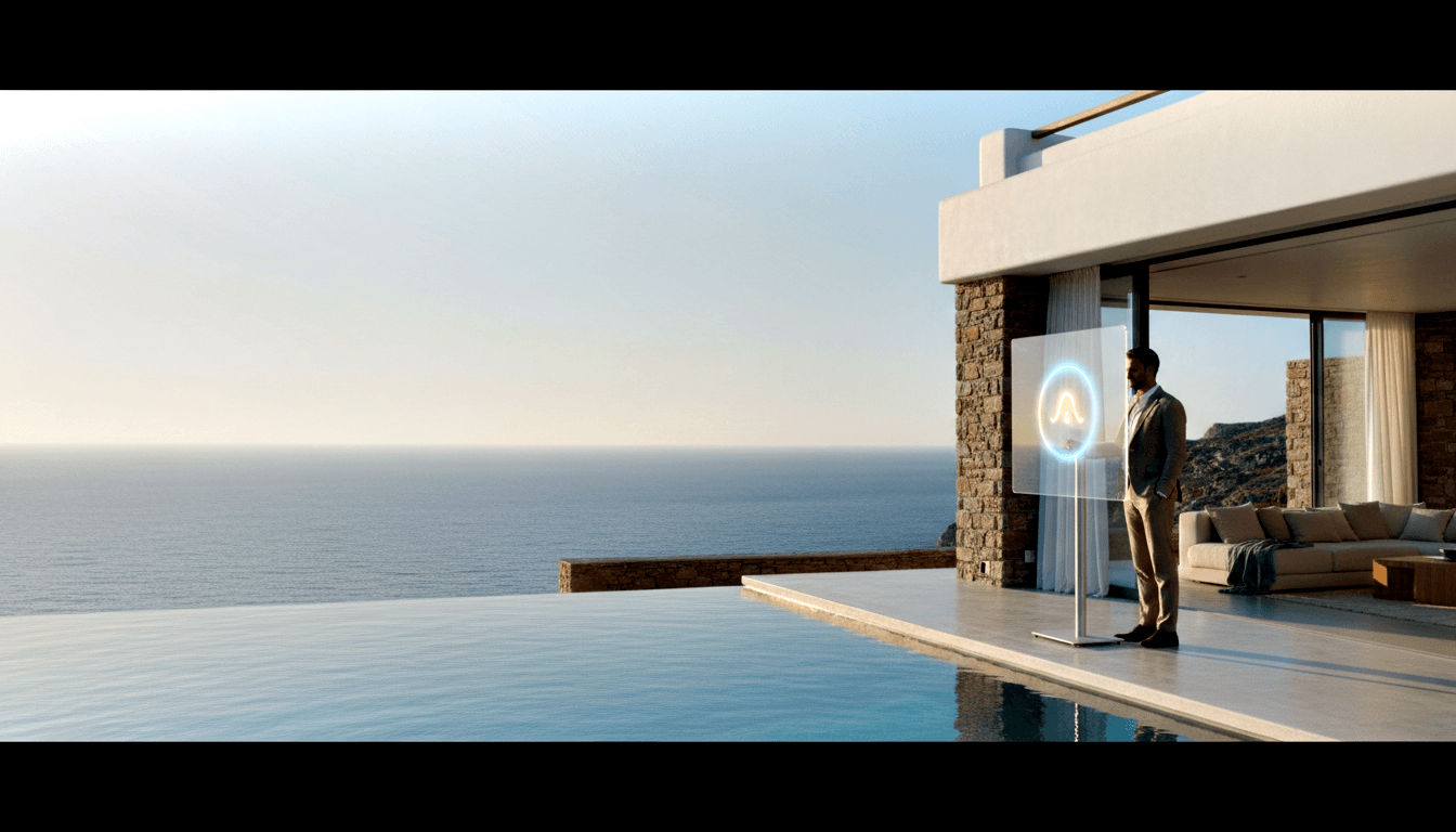 Man in grey suit facing a glowing blue transparent display panel with orange circular emblem on a terrace overlooking an infinity pool and ocean.