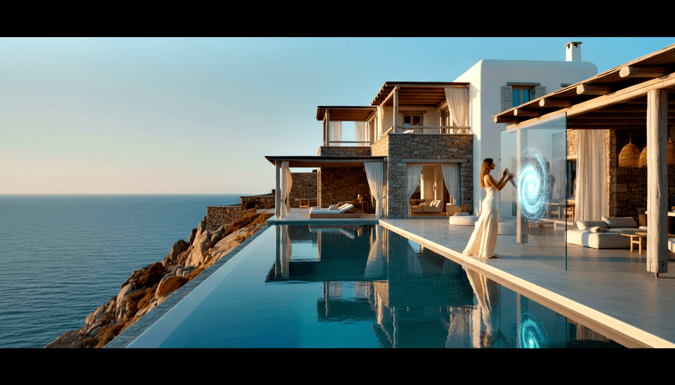 Woman in white gown gestures at cyan holographic interface on cliffside terrace with infinity pool overlooking deep-blue sea.