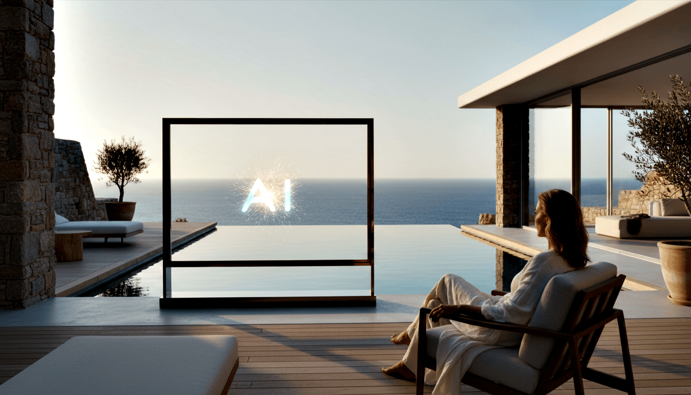 Woman in cream outfit sits facing a glowing cyan 'AI' display screen beside an infinity pool merging with the ocean.