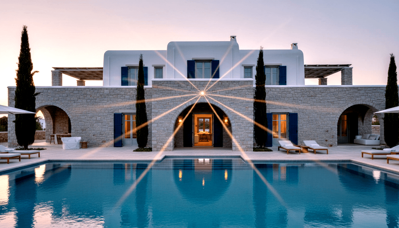 Villa at twilight with stone archway, glowing lantern, and rectangular pool reflecting warm light, flanked by sun loungers and cypress trees.