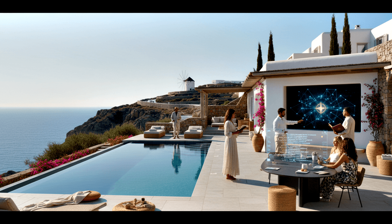 CGI clifftop terrace with infinity pool; five people near outdoor screen showing dark blue network diagram with gold star symbol.