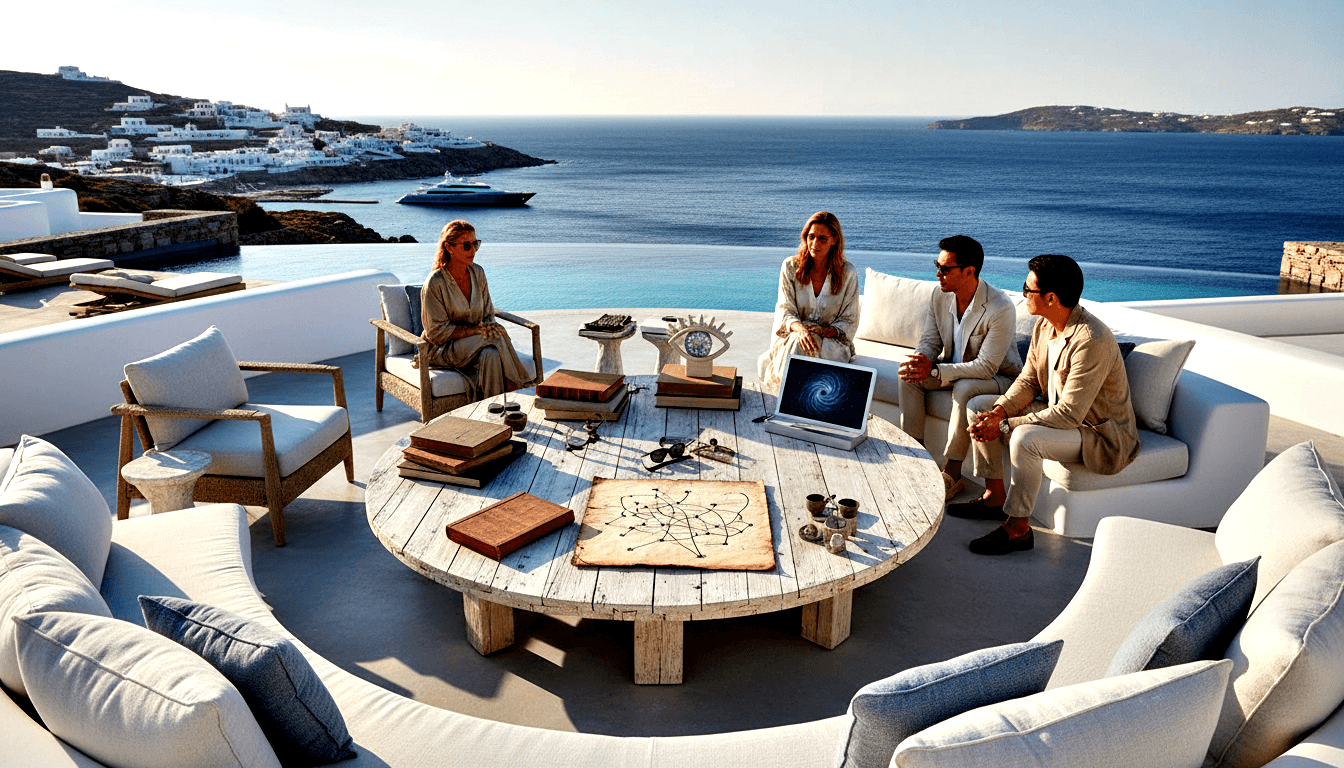 Four people chat on sunlit terrace around wooden table with antique books, constellation map, eye sculpture, galaxy tablet; sea behind.