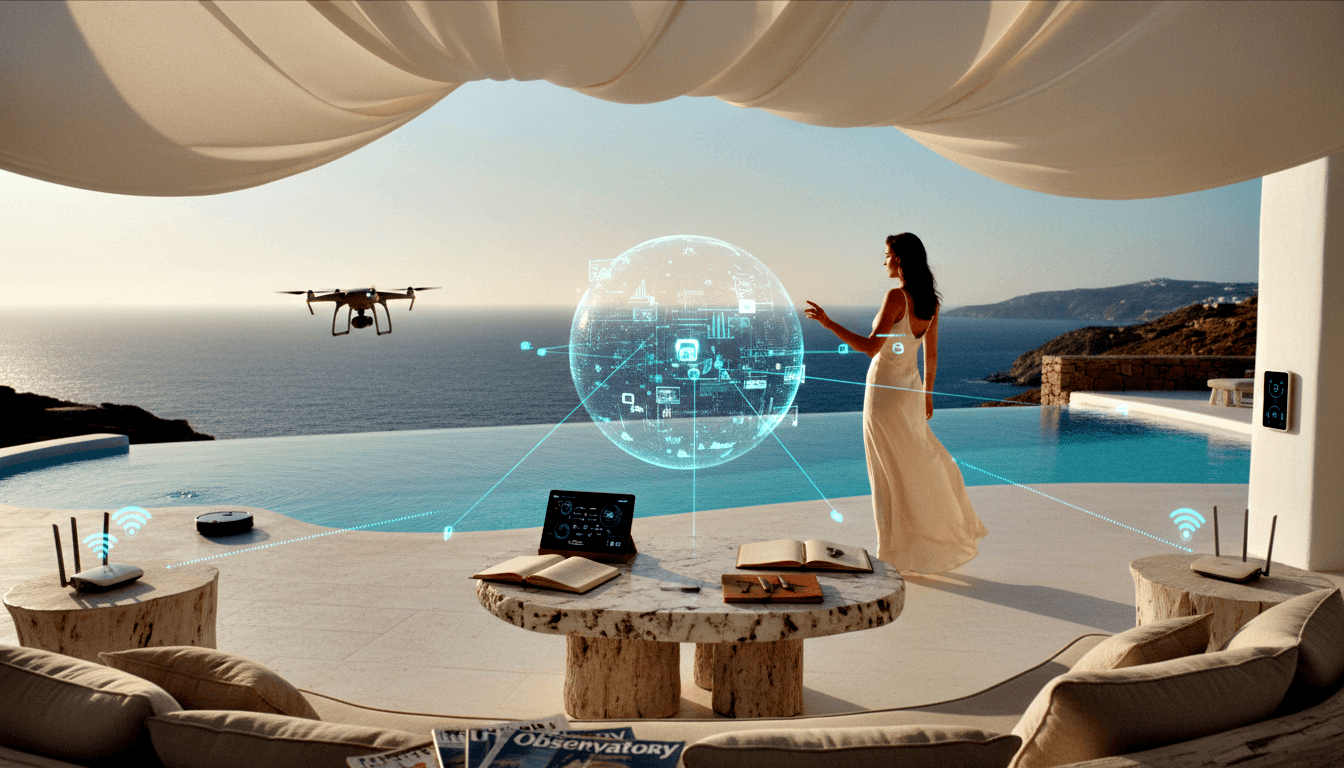 Woman in white gown on terrace gestures toward cyan holographic sphere connecting to routers, drone, and robotic vacuum via teal dotted lines.