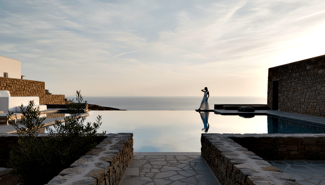 Lone figure in white dress stands at edge of infinity pool merging with calm sea horizon, framed by stone terraces and whitewashed walls.