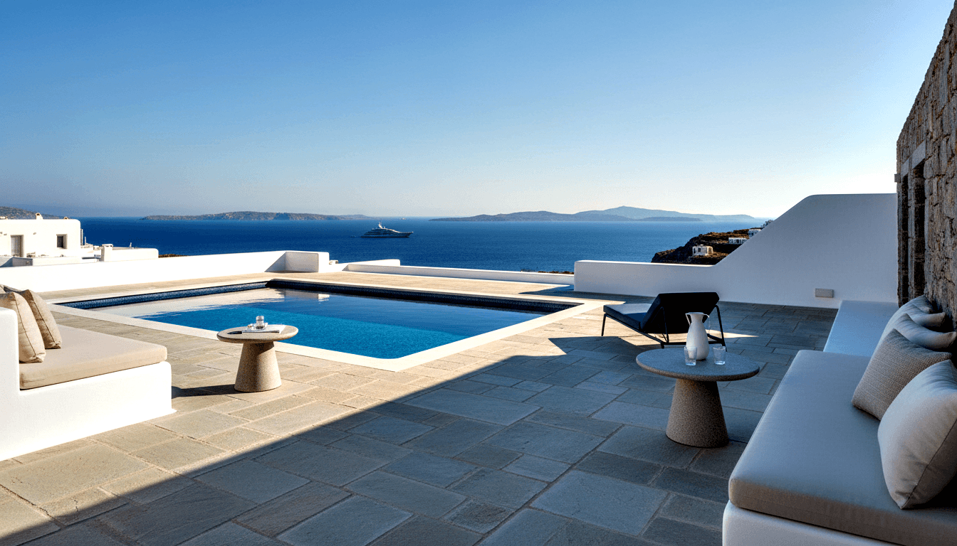 Infinity pool with dark tiles reflecting cobalt blue, overlooking sea with a large yacht, whitewashed terrace, daybed, and outdoor sofa.