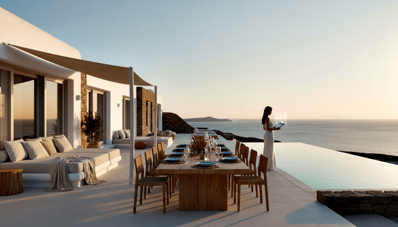 CGI terrace with dining table set for 10, infinity pool, and woman in white dress holding glowing tablet at pool's edge.