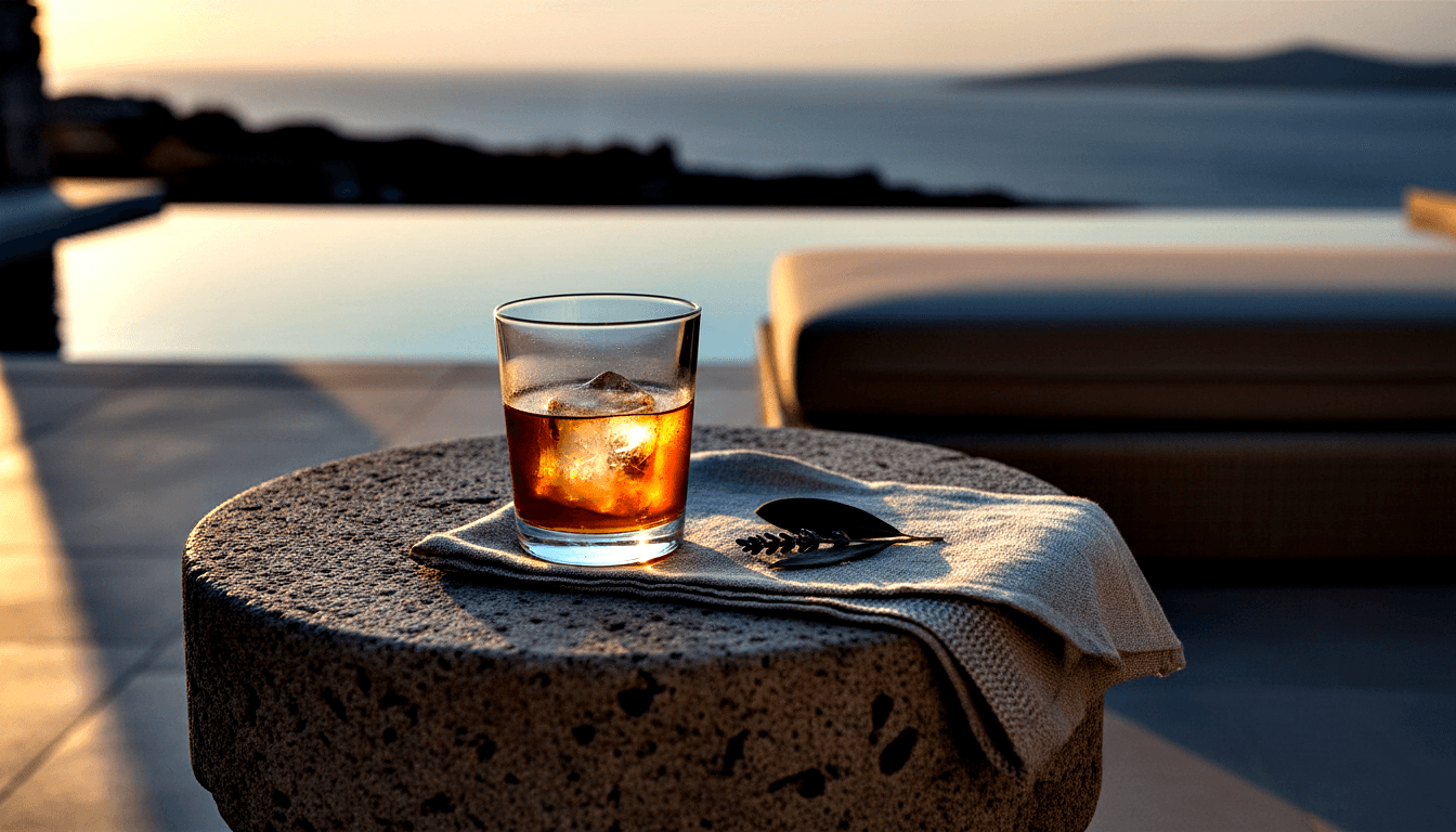 Rocks glass with amber liquid and large ice cubes on a stone table, with a woven napkin and herb sprig, against a sunset infinity pool.
