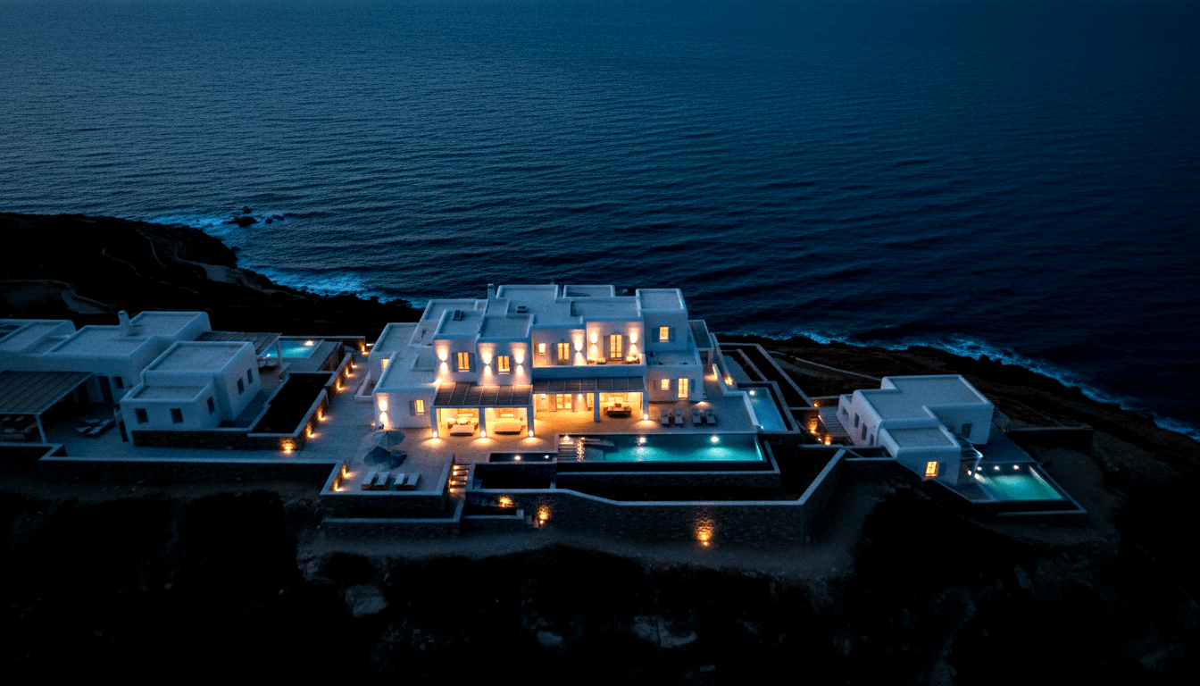 Aerial night view of a white multi-level coastal estate on rocky cliffs, with turquoise-lit pools on terraced levels above dark ocean.