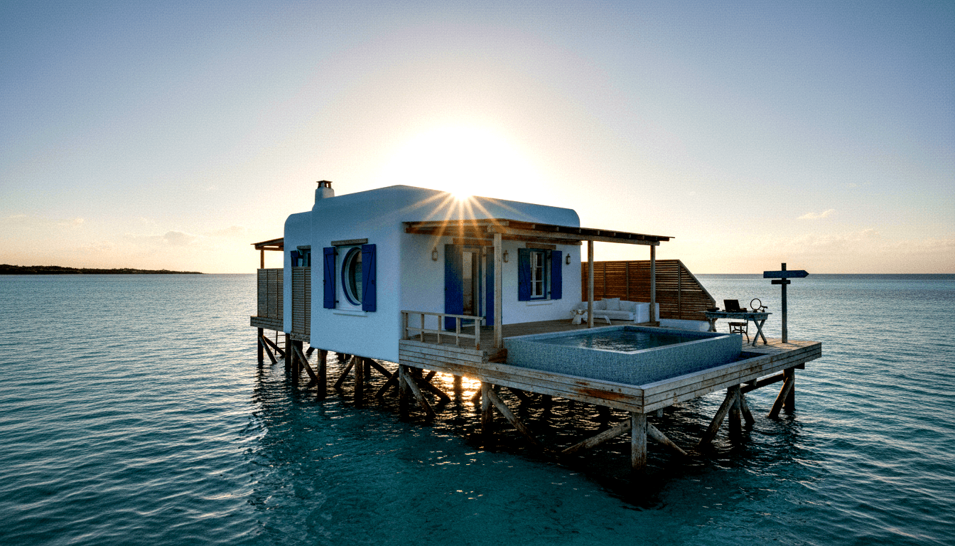 White stucco bungalow with blue shutters and porthole window on stilts over turquoise water, with deck plunge pool and sunburst flare.
