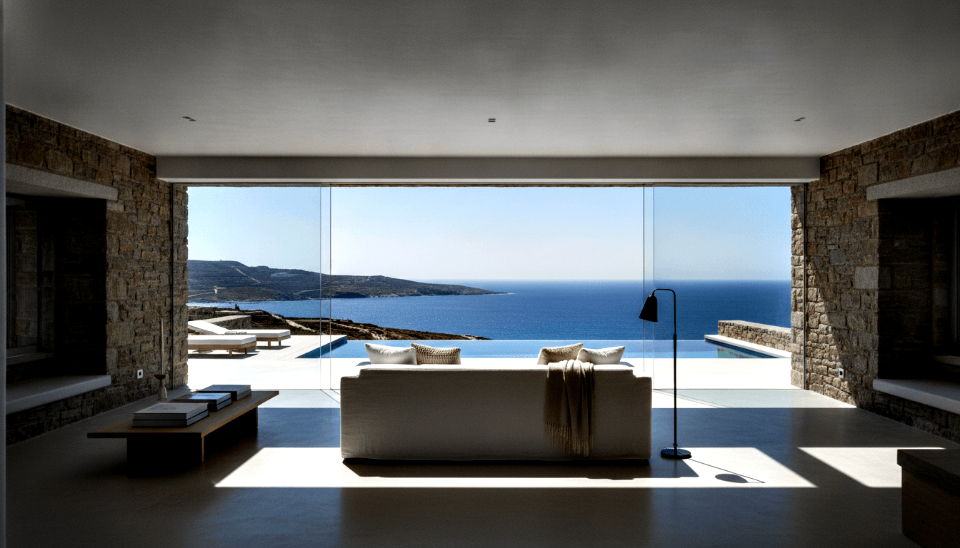 White sofa and wooden coffee table between stone walls, opening to terrace with infinity pool and blue ocean horizon.