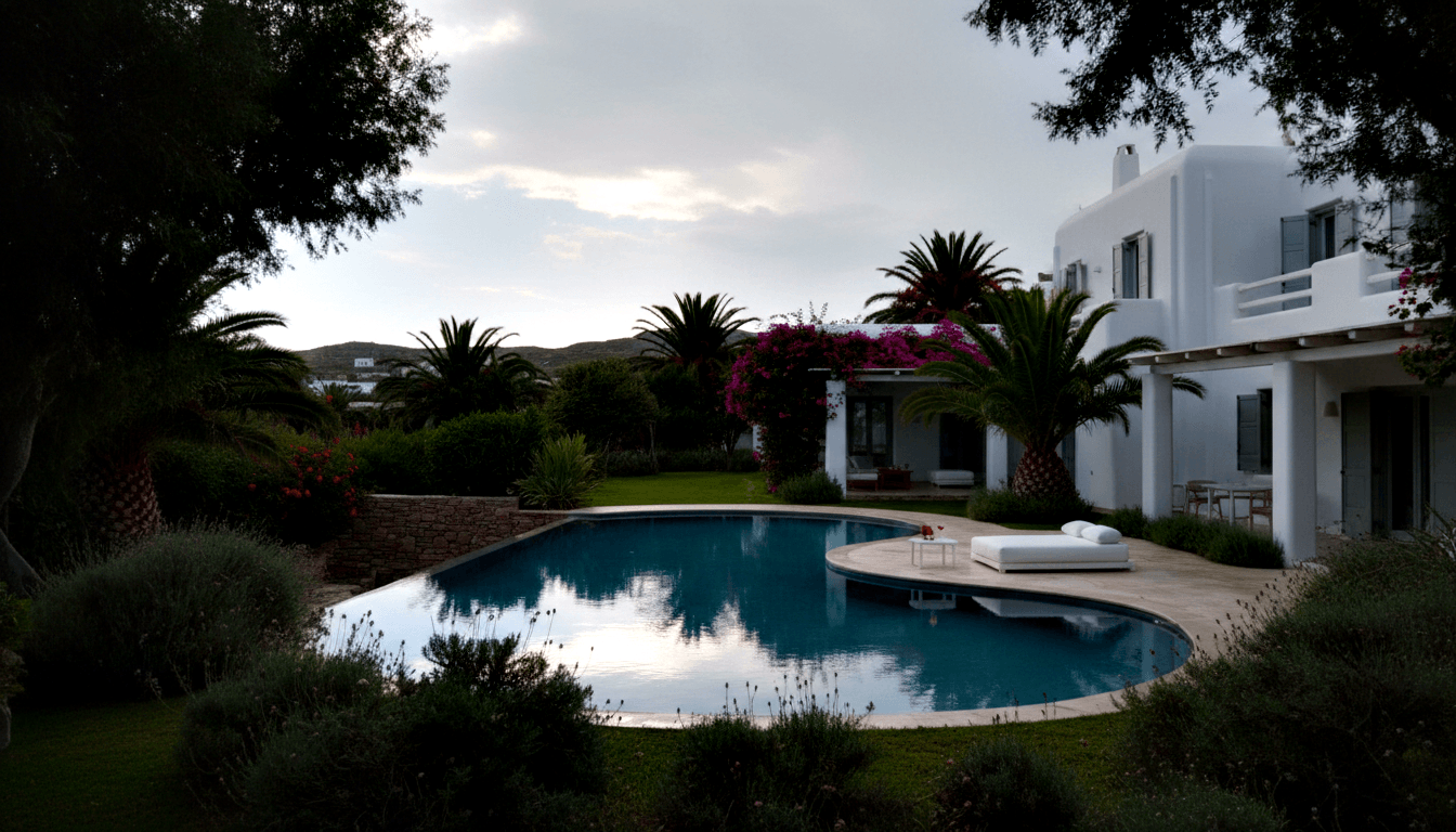 Freeform pool with blue-grey water, stone paving, white daybed, and villa with terrace, palm trees, and magenta bougainvillea.