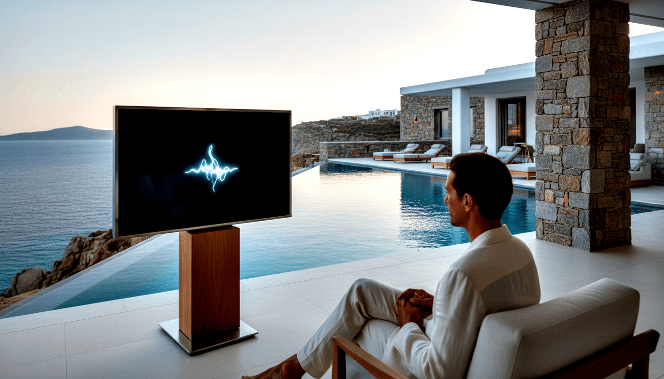 Man in cream outfit seen from behind watches TV on terrace, infinity pool merging with calm sea at dusk.