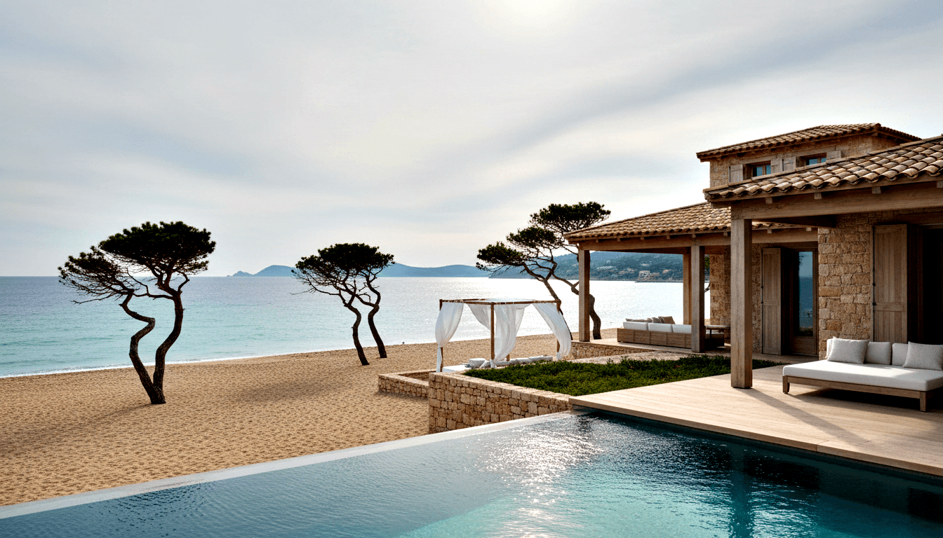 Stone villa with terracotta roof and timber pergola beside a turquoise infinity pool on a deck above a sandy beach with umbrella pines.