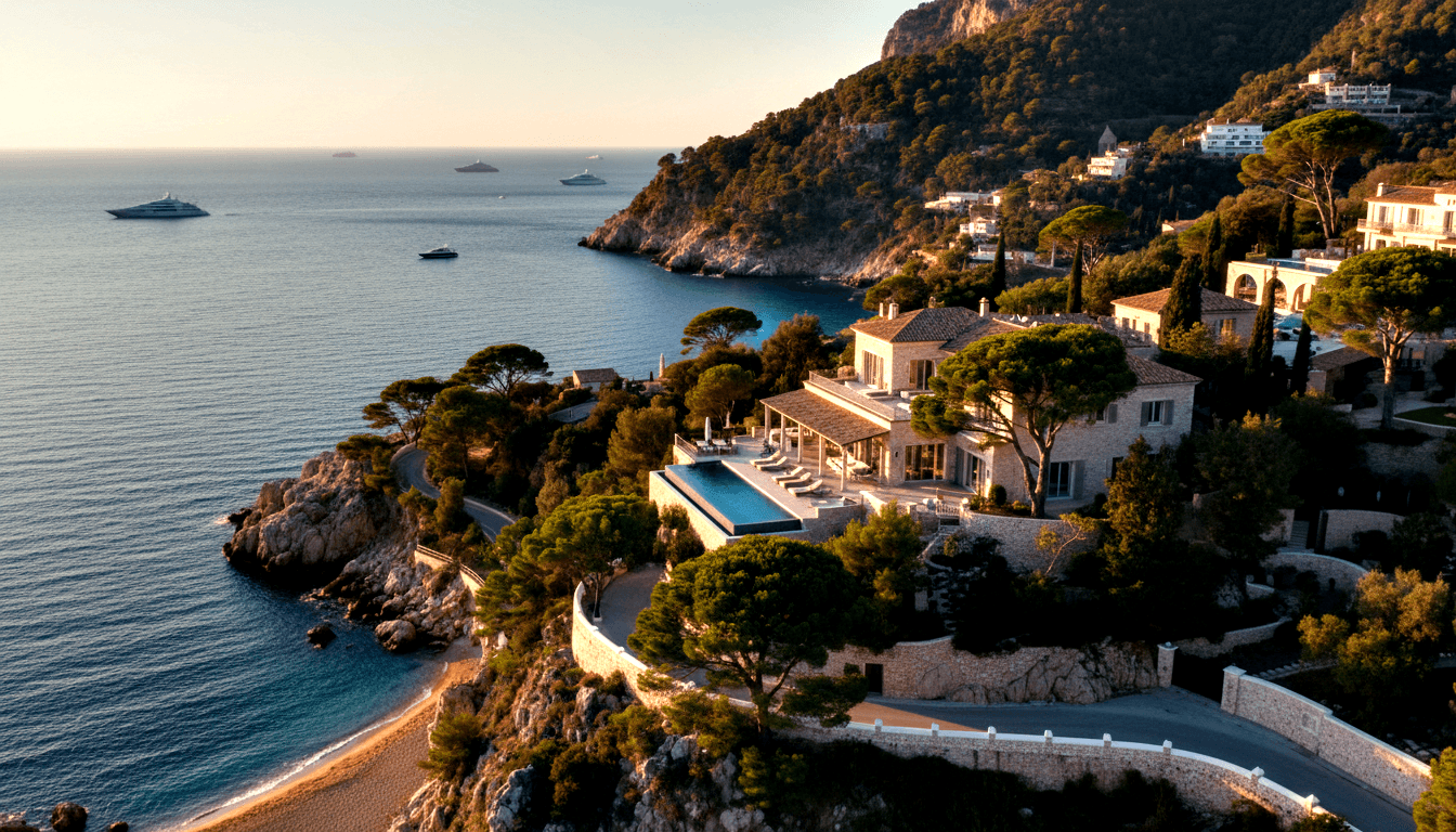 Clifftop stone villas with terracotta roofs and infinity pool above rocky coastline; sandy cove and yachts on blue-green sea below.