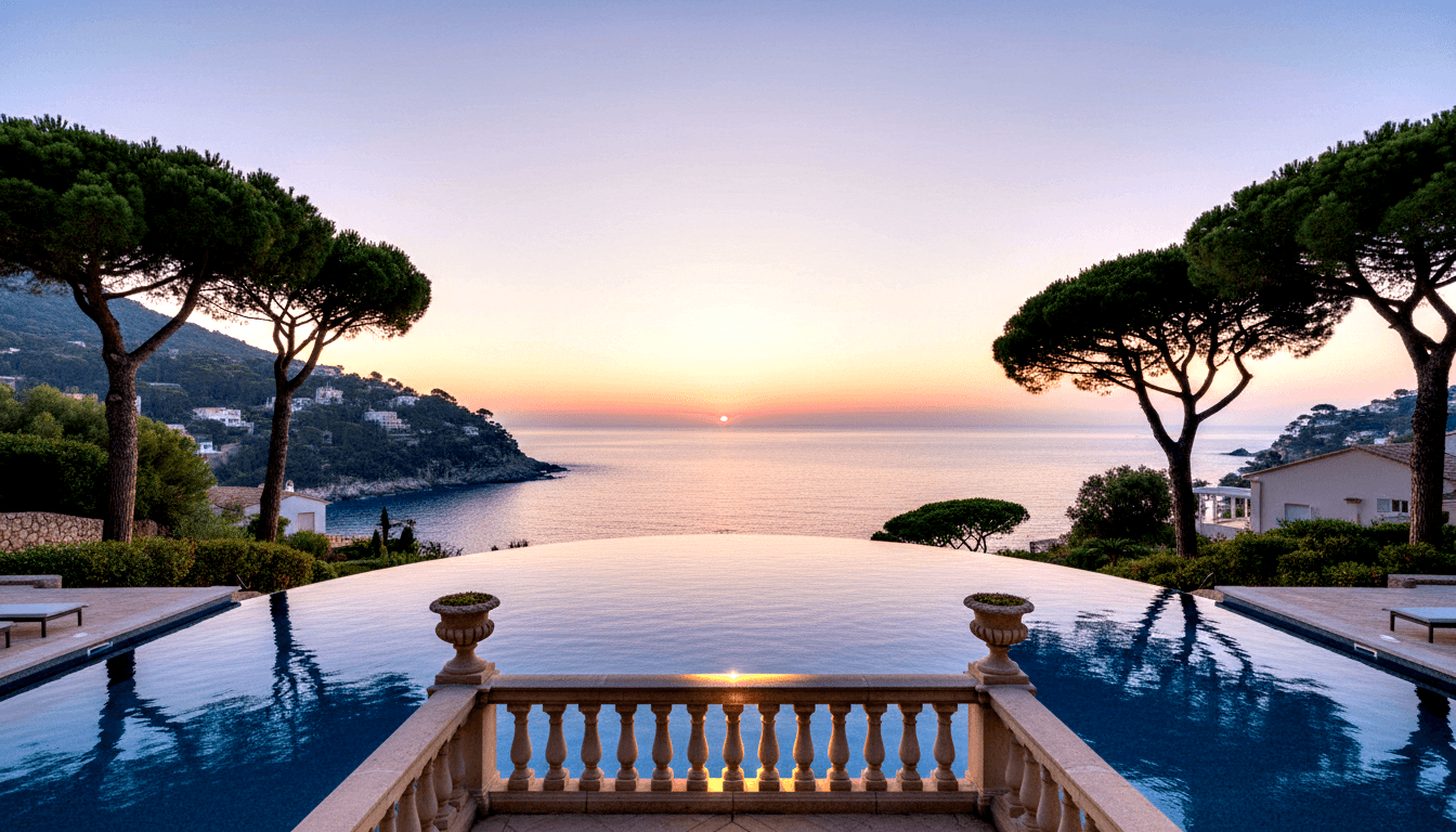 Infinity pool with deep blue water merging with calm sea at sunset, framed by two umbrella pines and cream stone balustrade with urns.