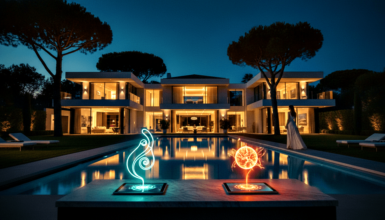 Night scene: contemporary villa with pool reflecting amber light, two glowing sculptures on pedestals, and woman in pale gown.