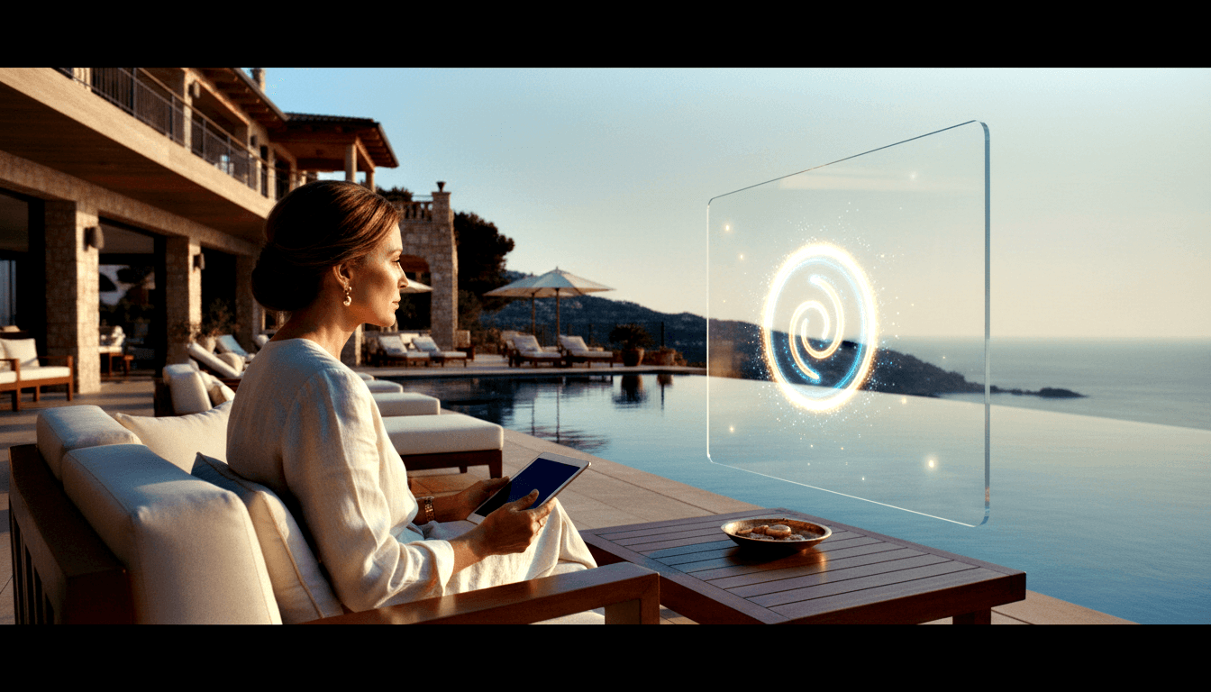 Woman on villa terrace holds tablet, viewing holographic spiral vortex panel; infinity pool and coastline behind her.