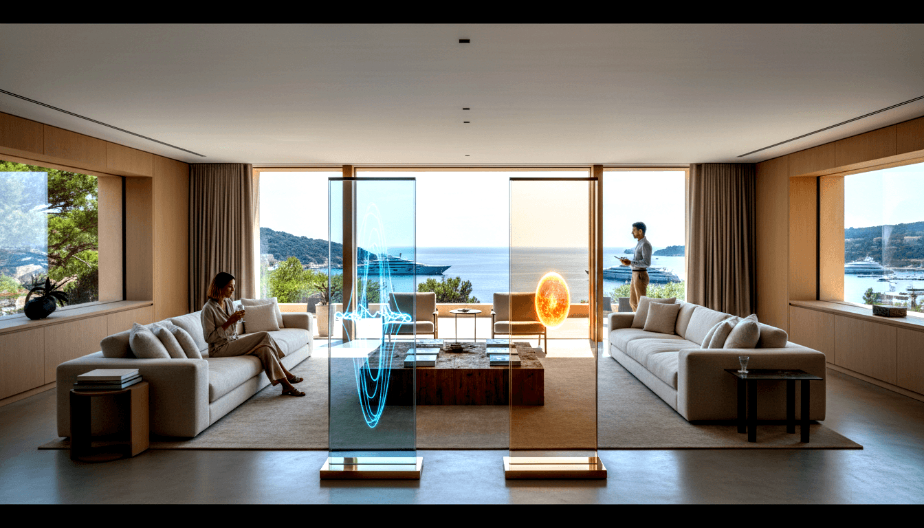 Symmetrical living room: cyan wave and amber orb glass lamps flank center; woman on sofa, man near terrace overlooking water.