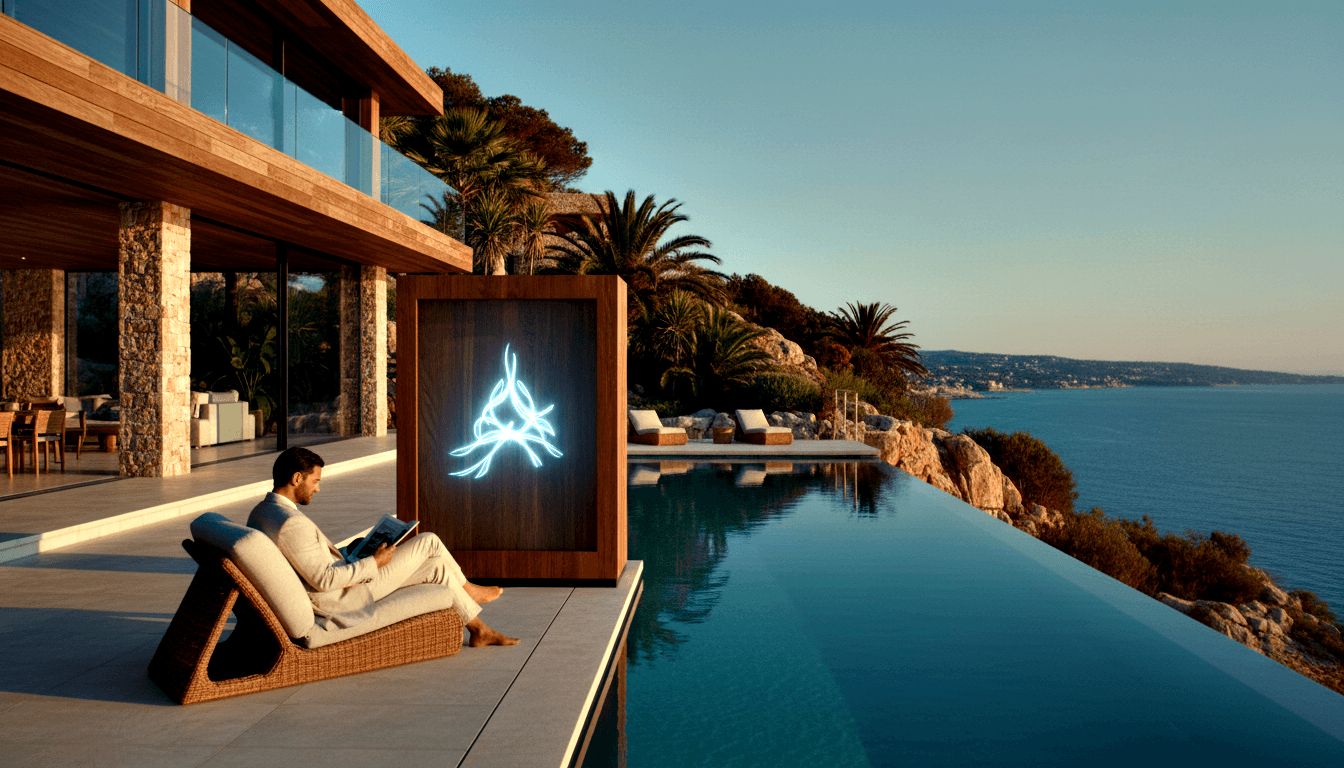 Barefoot man in cream linen reclines on wicker chaise lounge reading beside abstract blue-white neon sculpture on wooden panel.