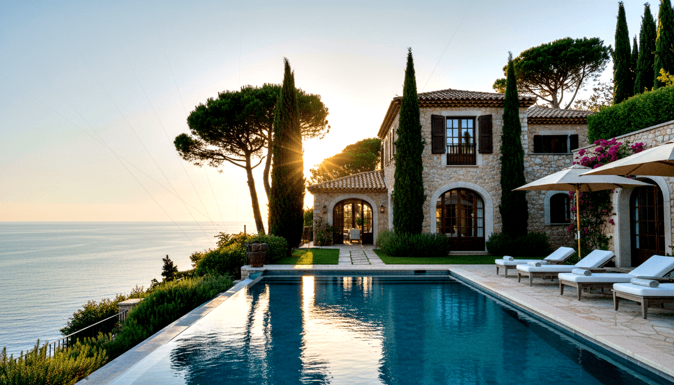 Stone villa with terracotta roof and arched doorways on a clifftop, infinity pool reflecting deep-blue water, white sun loungers at golden hour.