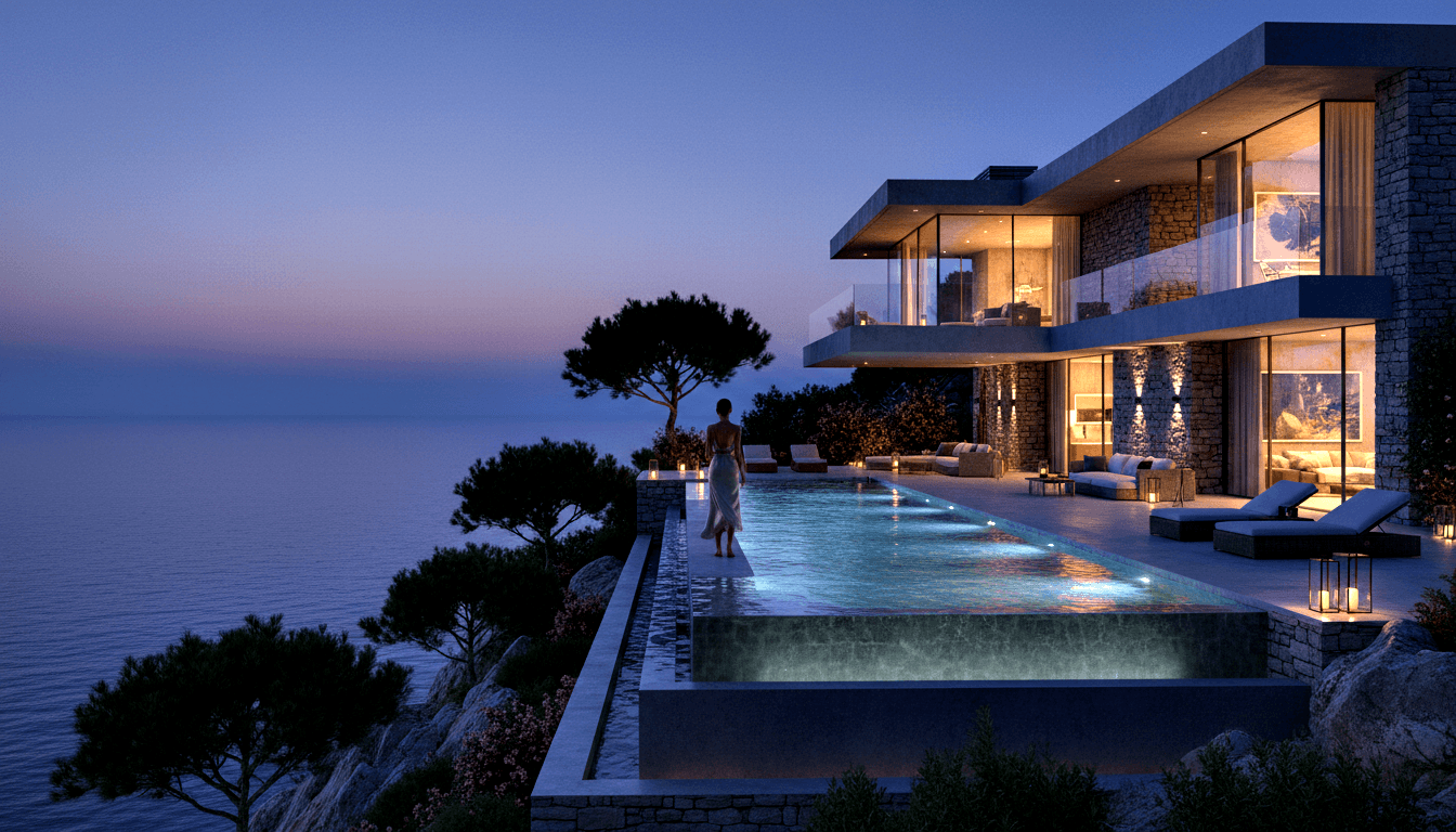 CGI clifftop villa at dusk with teal infinity pool extending to a lone figure in white backless dress at the edge, facing the sea.