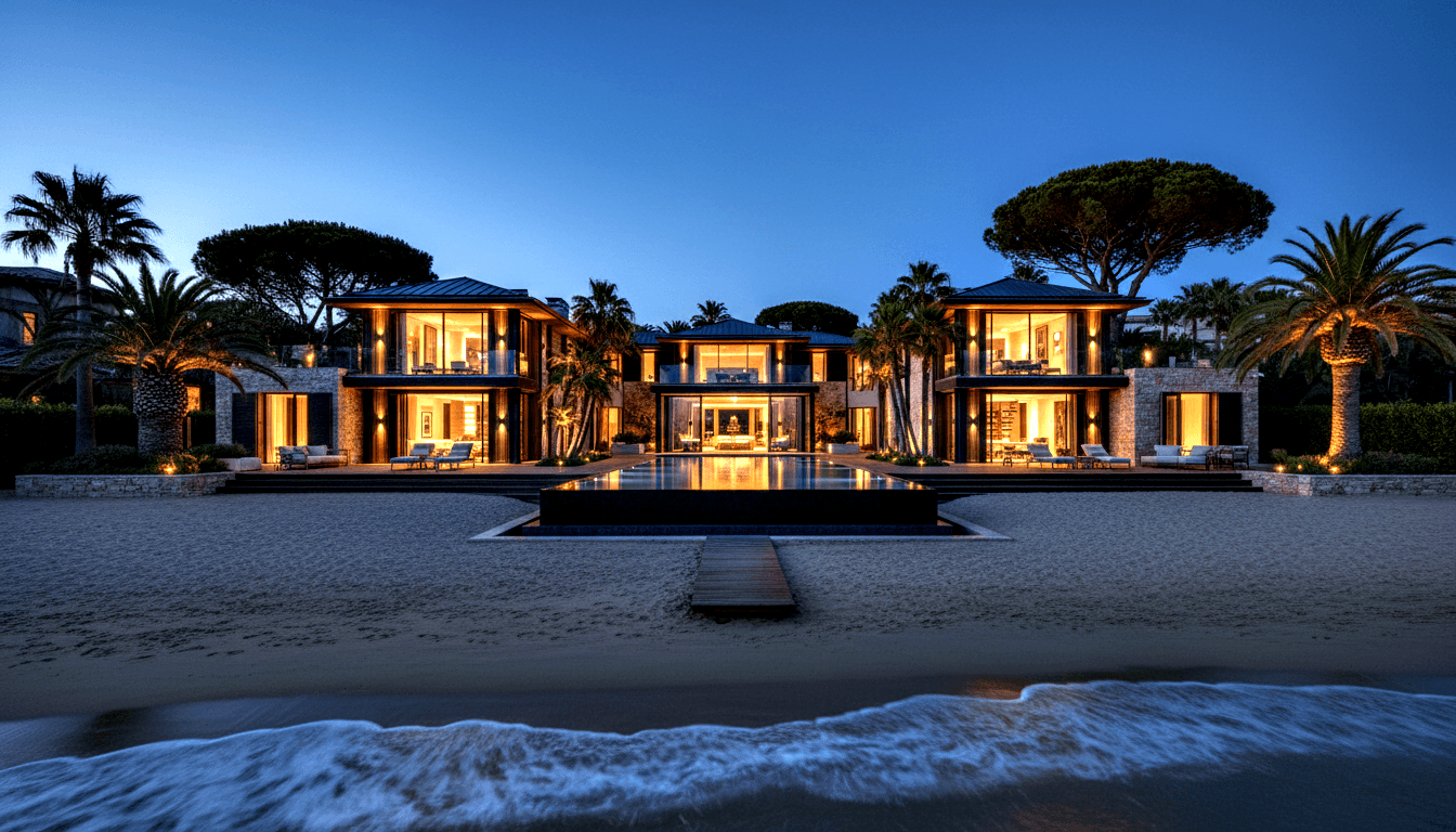 Beachfront villa at dusk with glowing amber glass facade, central boardwalk, lap pool, stone terraces, sun loungers, and uplit trees.