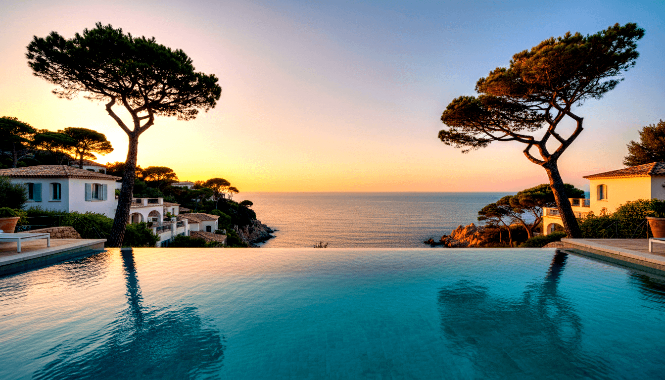 Clifftop infinity pool with turquoise water merging into the sea at sunset, flanked by two stone pines and white stucco villas.