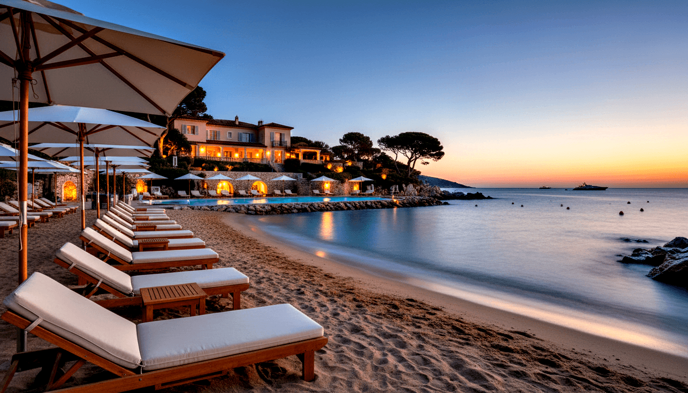 White sun loungers and market umbrellas on sandy shore lead to a lit pool, arched stone cabanas, and a villa on a promontory at twilight.