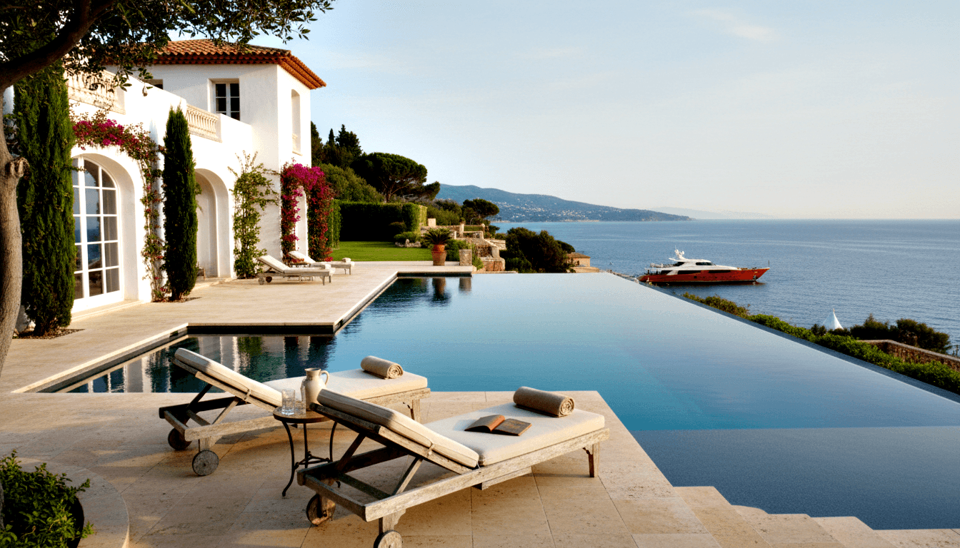 Cream villa with terracotta roof and magenta bougainvillea; stone terrace with lounge chairs beside infinity pool merging with open sea.