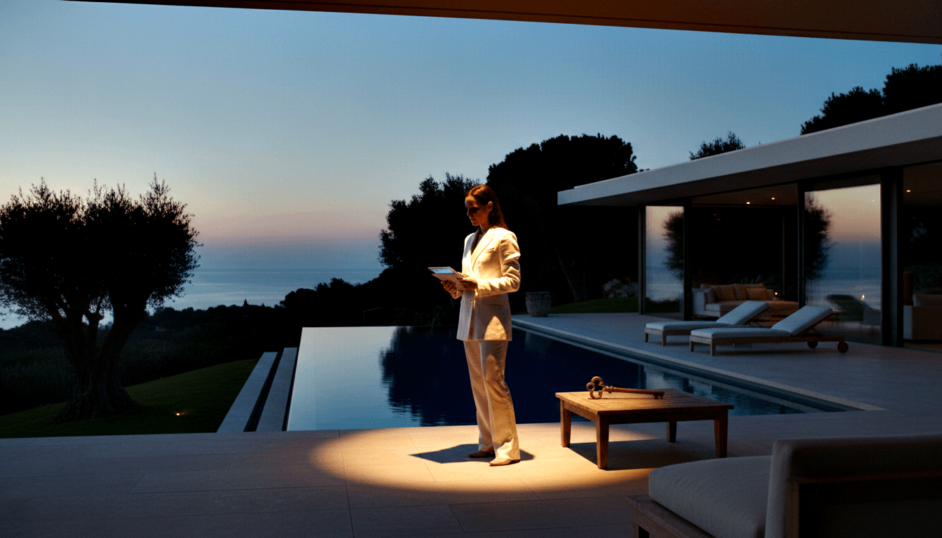 Woman in white pantsuit holding glowing tablet on villa terrace at dusk, with infinity pool, golden key on table, and rose-lavender horizon.