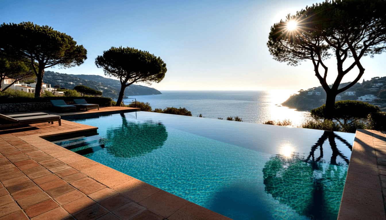 Infinity pool with turquoise water and terracotta surround merging visually with deep blue coastal sea; white villas on rocky green headlands.