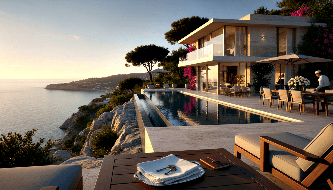 Cliffside villa terrace: infinity pool over rock toward calm sea, dining table, loungers, hydrangeas, staff in white uniform.