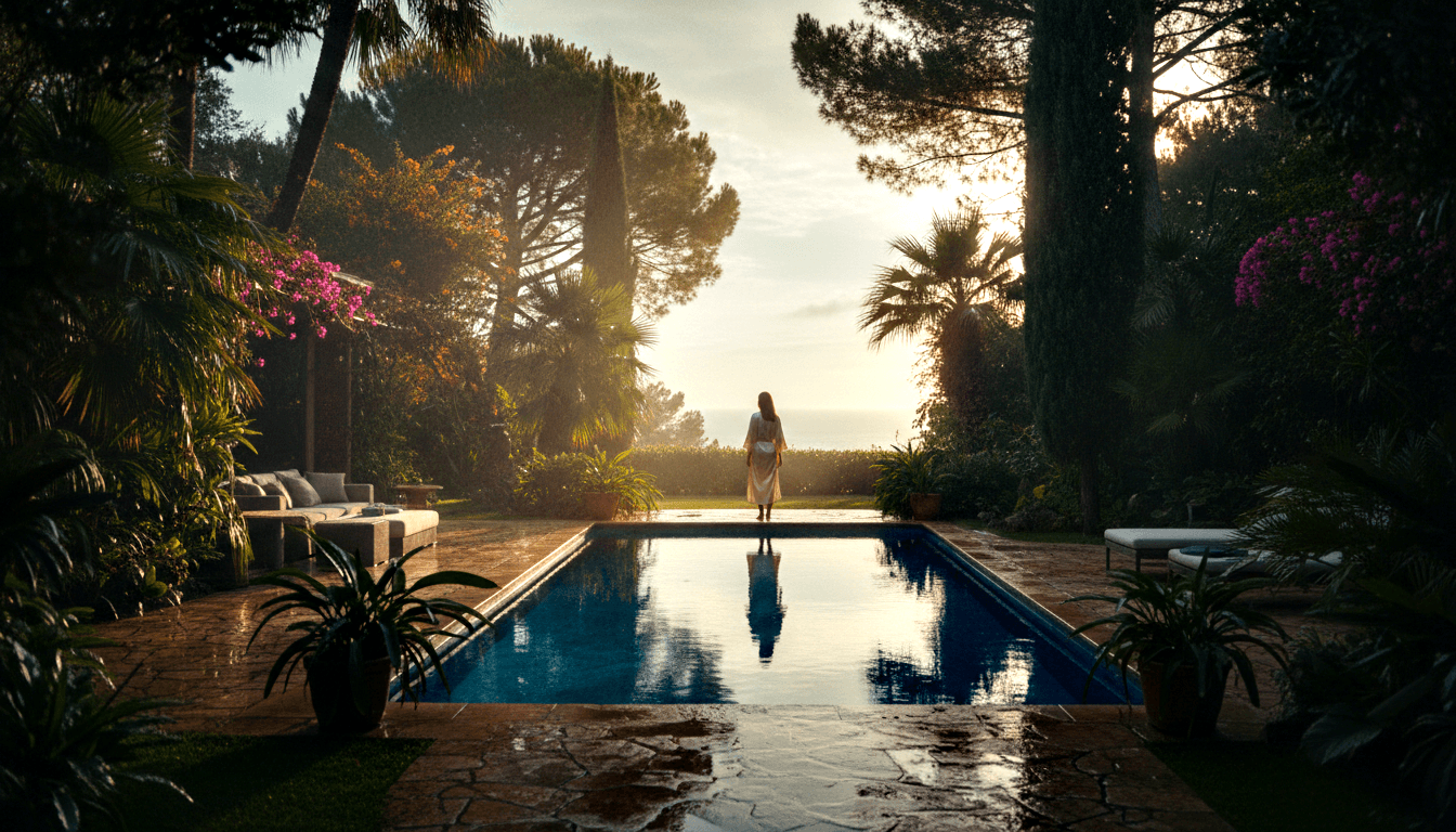 Woman in flowing robe stands back-to-camera at far end of a rectangular pool, reflected in still blue water, flanked by symmetrical gardens.