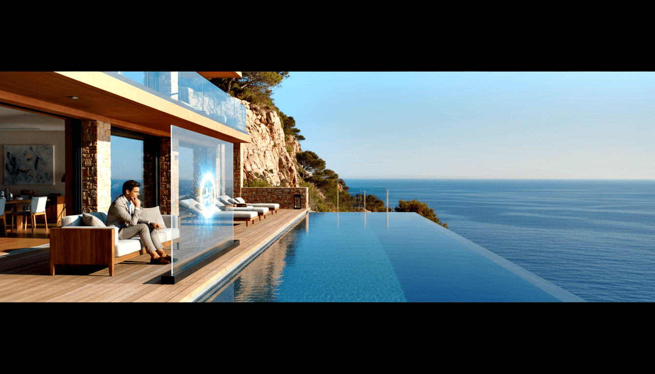 Man in light grey suit sits cross-legged on white outdoor sofa, chin on hand, gazing at a glowing blue holographic panel beside an infinity pool.