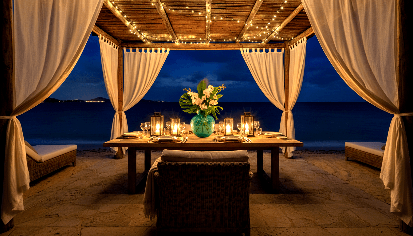 Wooden dining table with wicker chairs, orchid centerpiece, and lantern candles in open beachside cabana at twilight, ocean visible beyond.