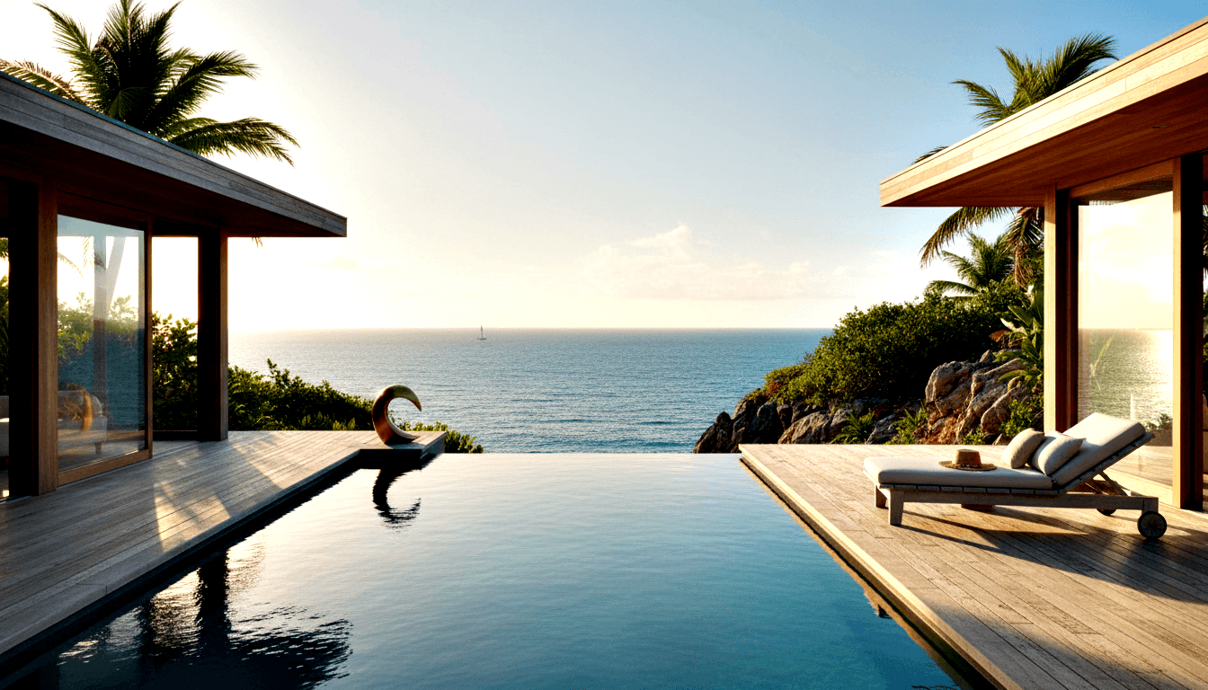 Infinity pool with navy water on hardwood deck between two timber pavilions, bronze crescent sculpture at far edge meeting ocean horizon.