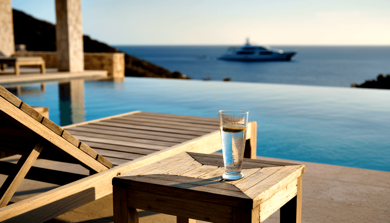 Clear carbonated drink with citrus slice on teak side table beside lounge chair, infinity pool merging with ocean, yacht in background.