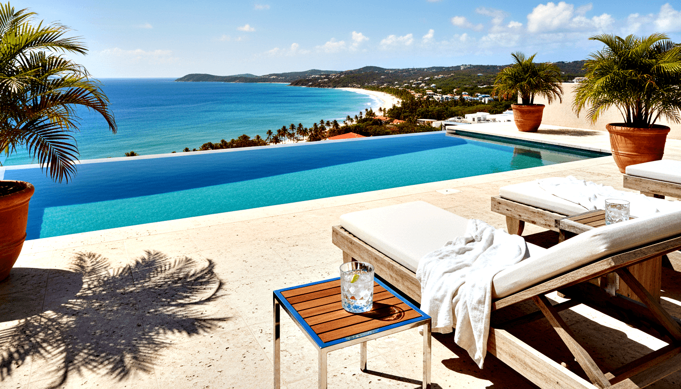 Infinity-edge pool with bright blue water overlooking a turquoise ocean bay, two wooden sun loungers with white cushions facing the view.