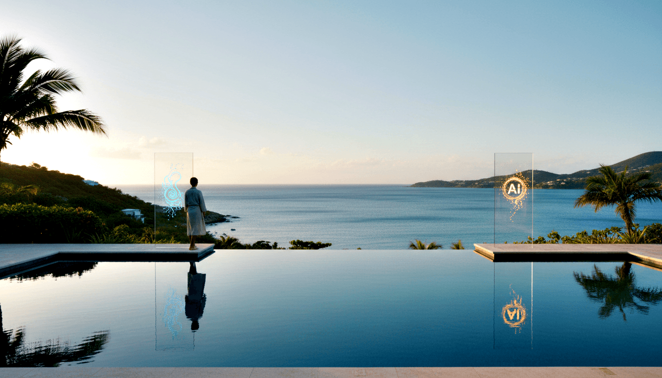 Person in grey stands at infinity pool facing coastal bay; glowing cyan and amber 'AI' glass panels reflected in dark water.