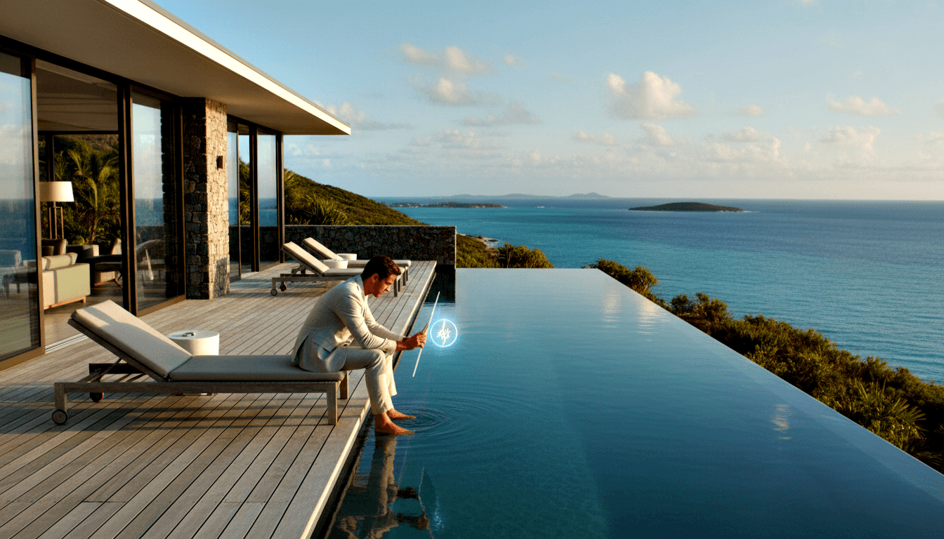Barefoot man in cream suit sits at infinity pool edge, holding a wand toward a glowing cyan orb, with ocean and tropical hillsides beyond.