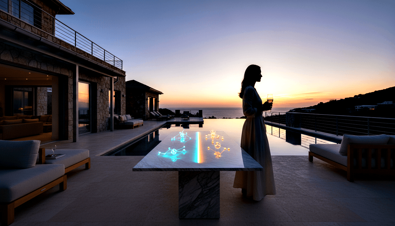 Female silhouette in long dress raises wine glass toward twilight horizon on stone terrace with infinity pool and ocean beyond.